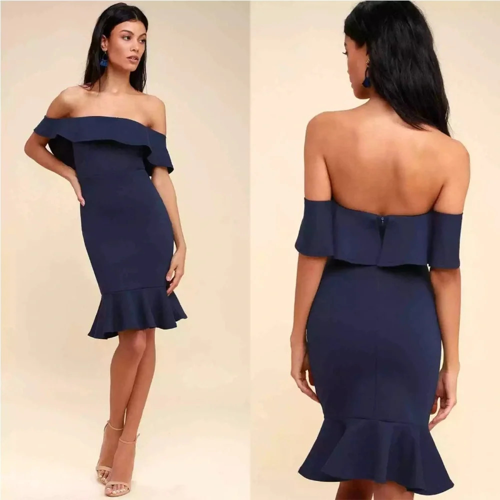 Lulus Navy Blue Confidence Boost Off The Shoulder Bodycon Midi Dress Medium